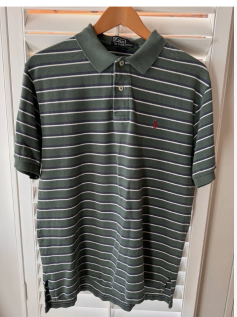 Polo Ralph Lauren Polo Shirt Mens Large Green Navy Stripe Red Pony Casual 90s